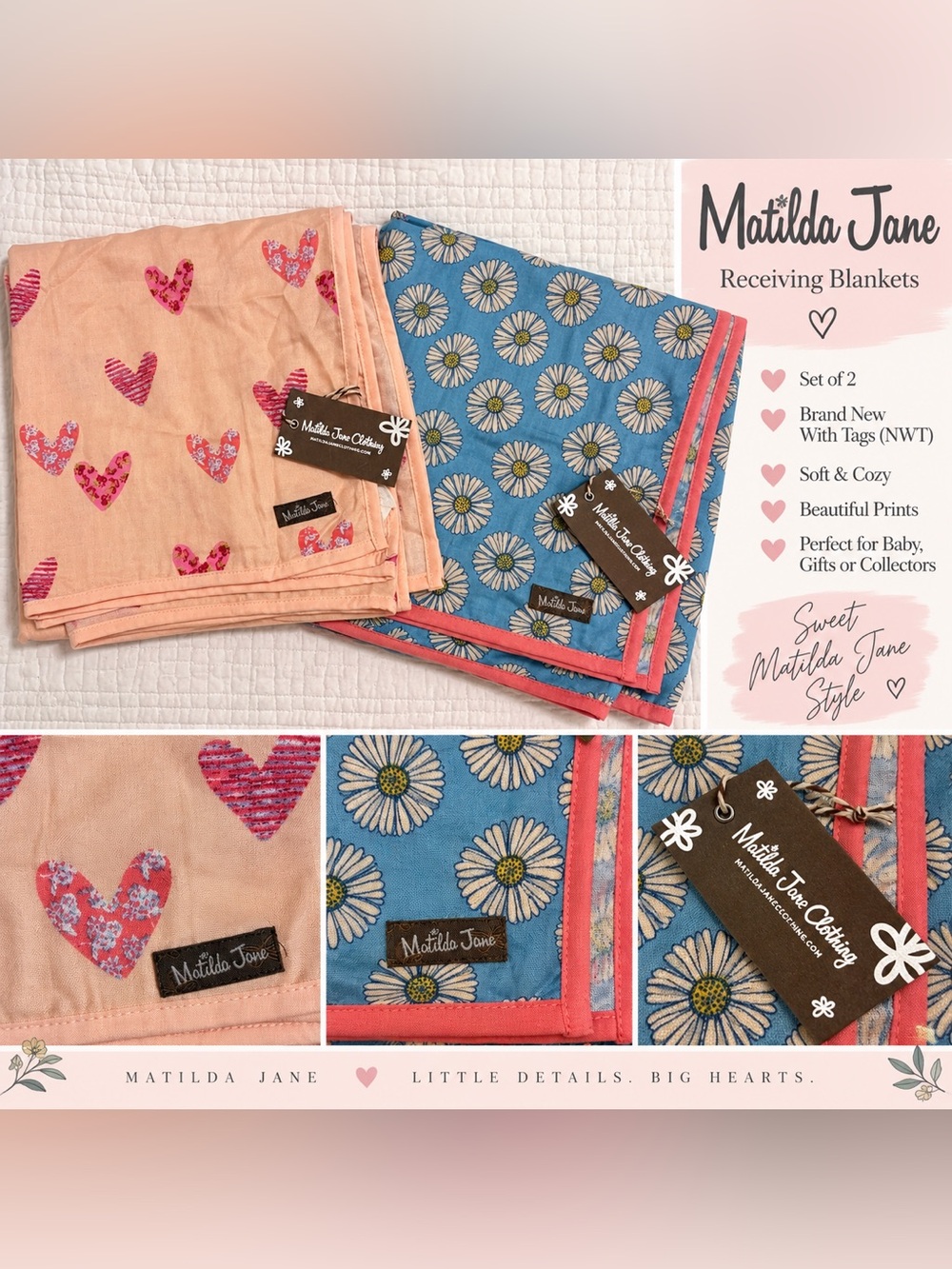 Matilda Jane Pink Heart & Blue Daisy Receiving Blankets